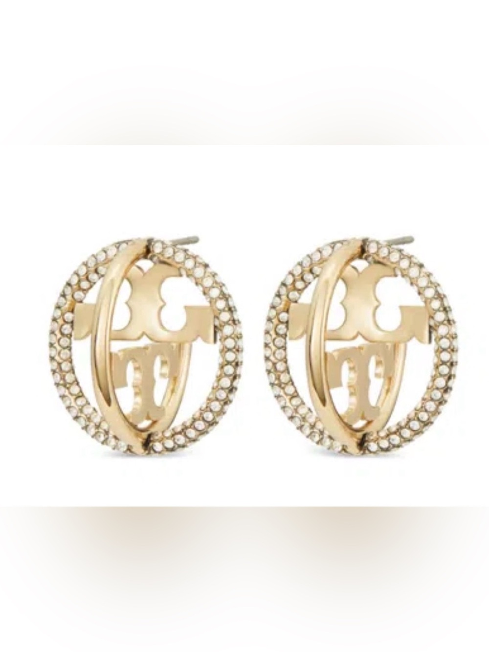 Tory Burch Gold Icon Pave Hoop Logo Earrings